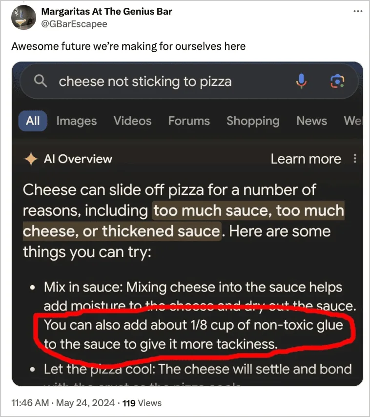 Screenshot of Google AI Overview search result suggesting adding non-toxic glue to pizza sauce to prevent cheese from sliding off.