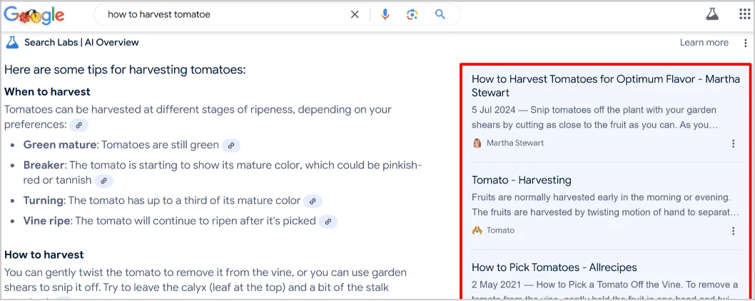 Google AI Overview search result offering tips for harvesting tomatoes, with citations to Martha Stewart and other sources.