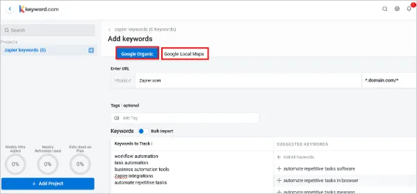 Screenshot of the Keyword.com tool where a website URL is entered, and target keywords are added for tracking local search rankings.