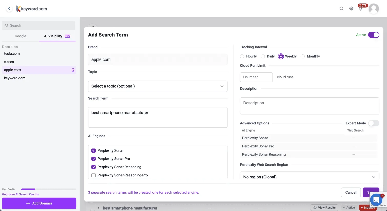 Example setup for monitoring "best smartphone manufacturer" term weekly across all Perplexity AI engines