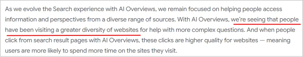 Google’s statement on how AI Overviews are leading to more diverse website visits and higher-quality clicks from search results.