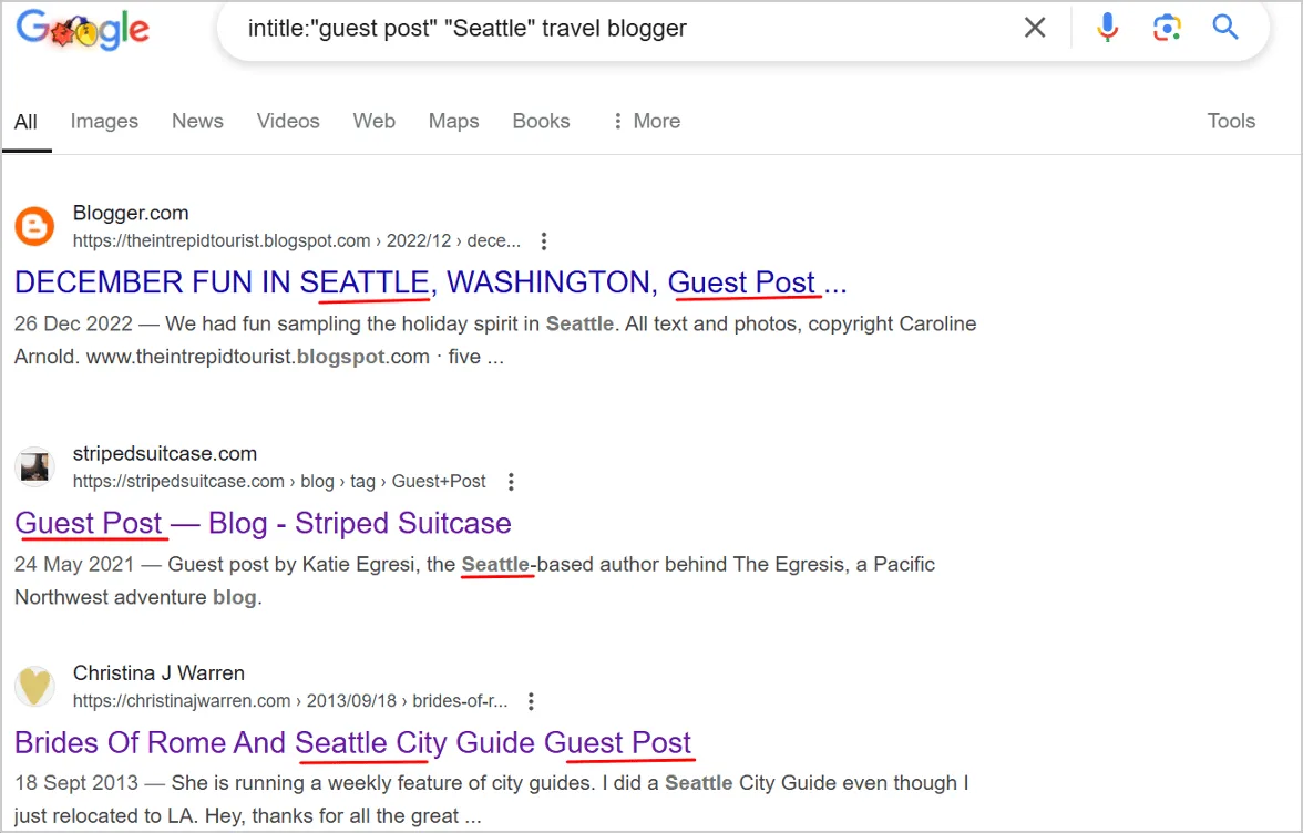 Google search results for "intitle:guest post Seattle travel blogger," displaying opportunities for guest blogging to enhance local SEO efforts.
