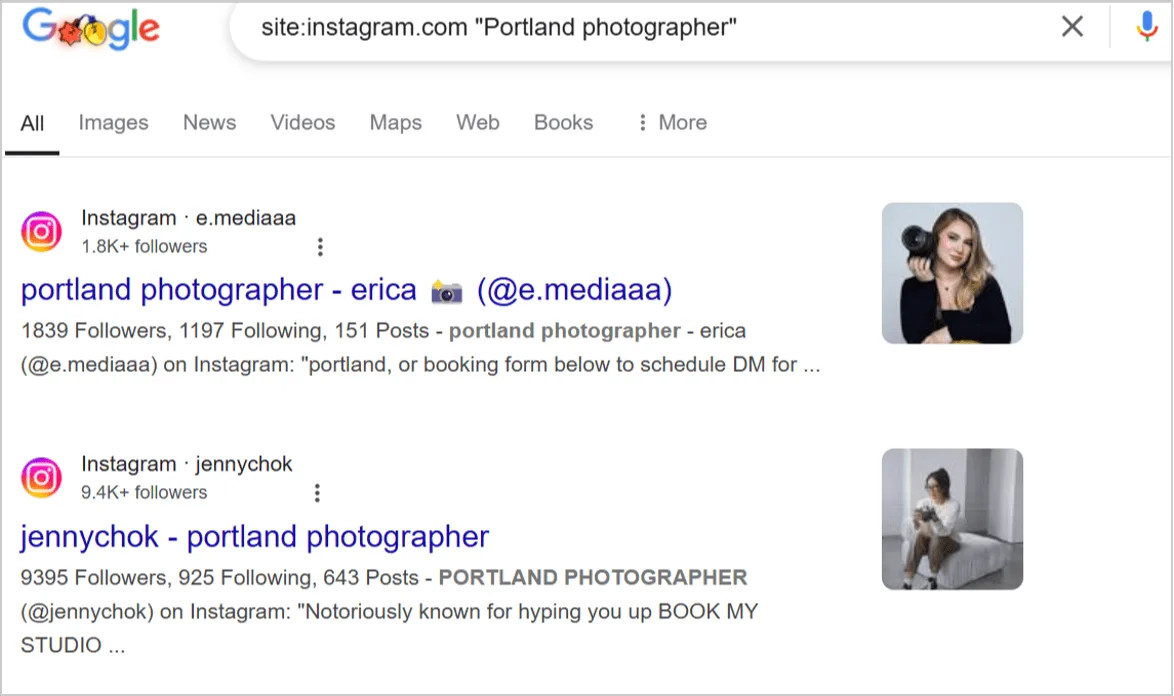 Google search results using the query "site:instagram.com Portland photographer," displaying Instagram profiles of local photographers.
