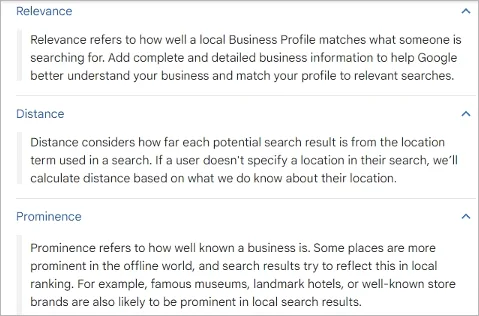 Illustration of key factors influencing local search rankings: relevance, prominence, and distance, with optimization tips for GBP and on-page SEO.
