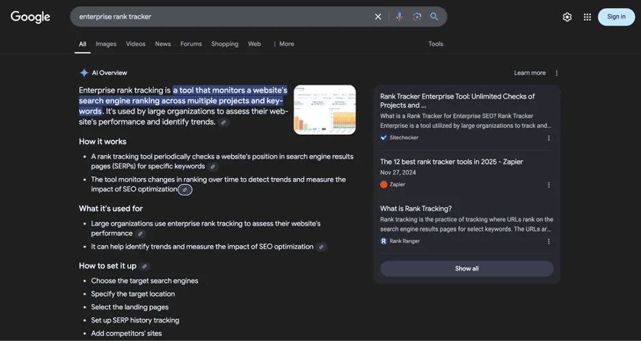 Screenshot of a Google search for "enterprise rank tracker" with AI Overview enabled, highlighting search ranking data and SEO-related results.