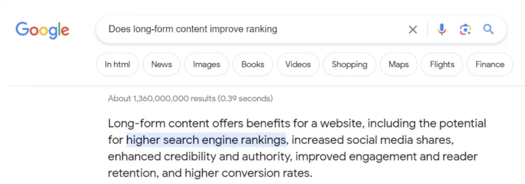 Snippet on long-form content for ranking