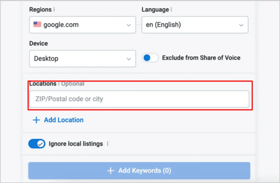 Screenshot of Keyword.com’s interface for adding locations, such as ZIP codes or cities, to track local SEO keyword performance.