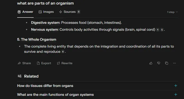 Snapshot of an AI answer explaining organism parts and biological functions in a search result