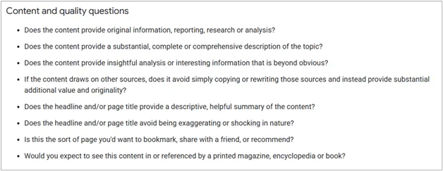 List of Google’s content and quality assessment questions related to originality, depth, and helpfulness