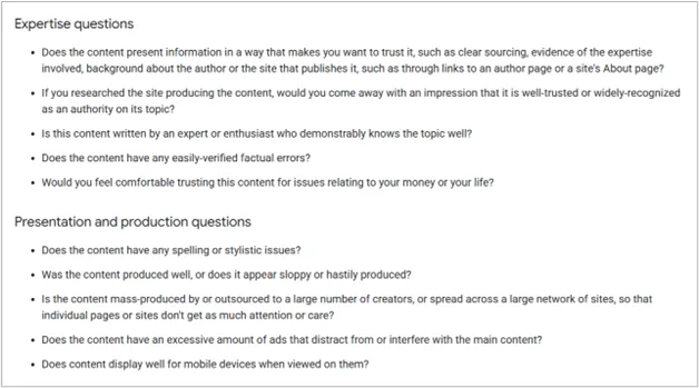 Questions used by Google to evaluate expertise, factual accuracy, and presentation quality of content