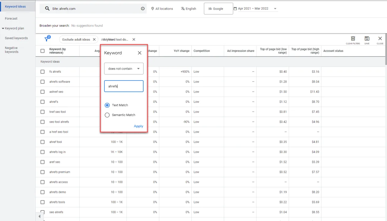 google keyword planner filter