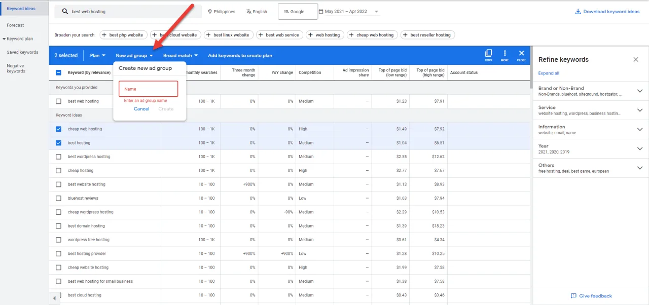 google keyword planner new ad group