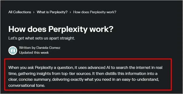 Perplexity AI explaining its method of aggregating top-tier sources into concise, conversational answers.