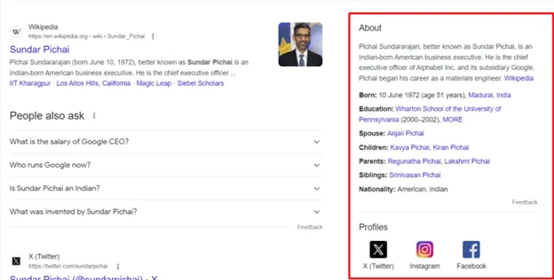 Google knowledge panel showing information about Sundar Pichai with biography and social links
